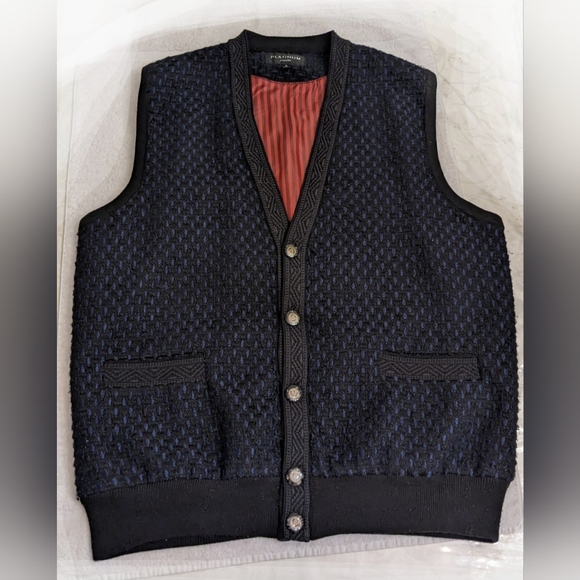 Vintage Wool Navy/Black V-neck Vest, Silky Lined, Buttons, Pockets, L - Picture 9 of 11